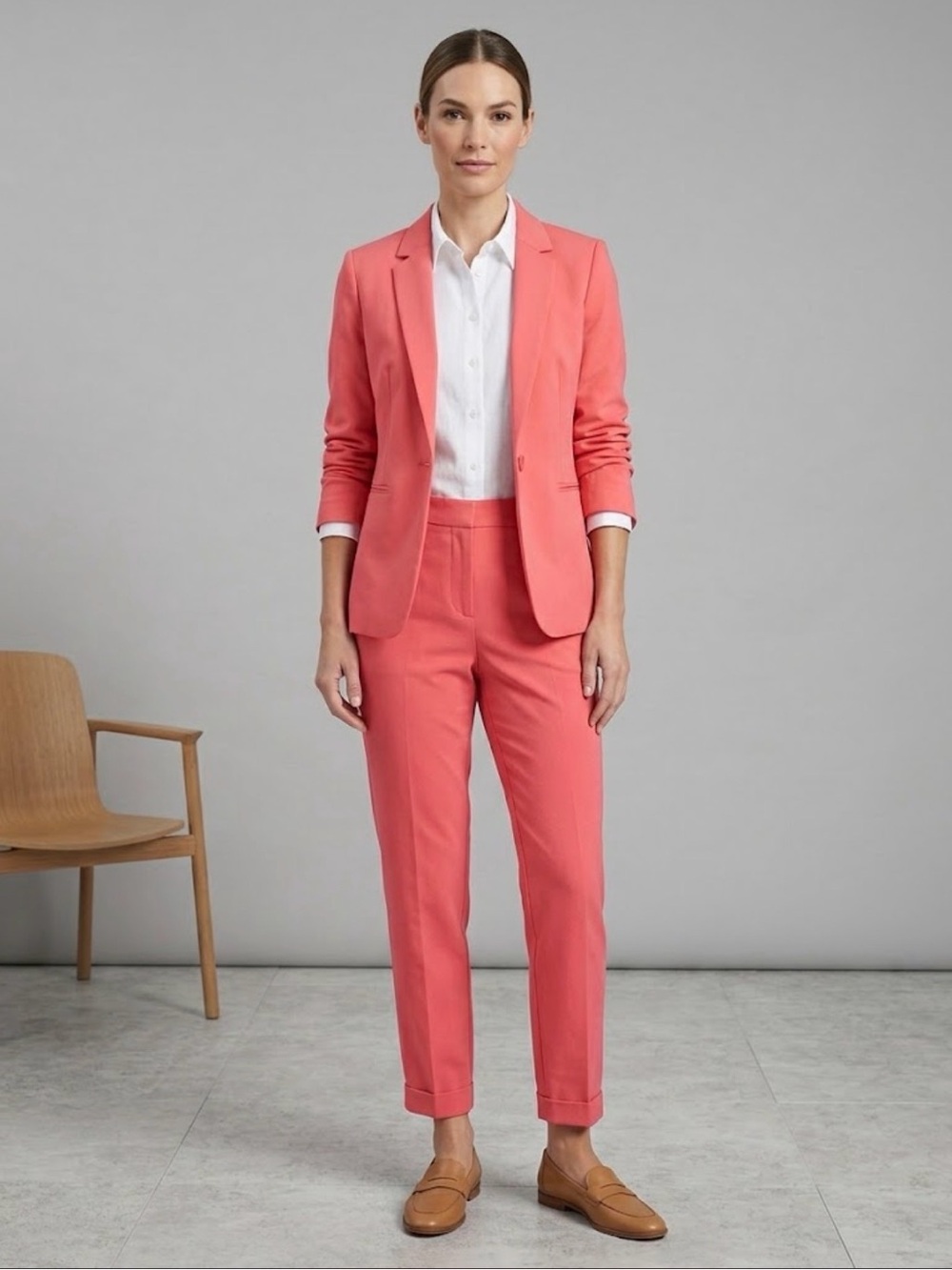 Comma Elegant Slim Fit High Rise Coral Pink Barbie Suit Trousers (38) US 32